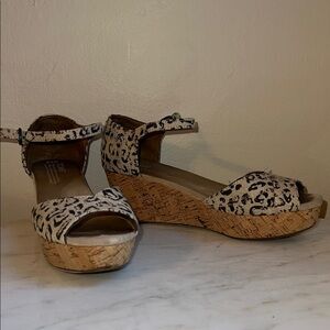 Toms Leopard Print Cork Wedge Sandals in Tan and Black